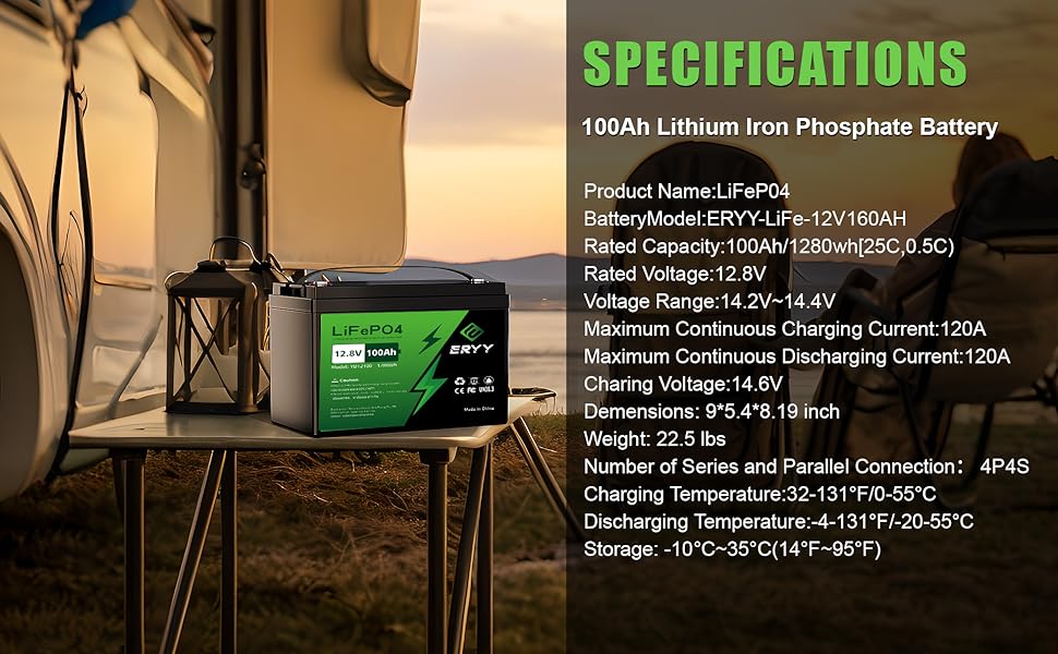 ERYY 12V 100AH LiFePO4 Battery LCD Screen