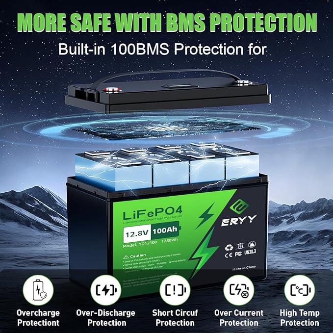 ERYY 12V 100AH LiFePO4 Battery LCD Screen